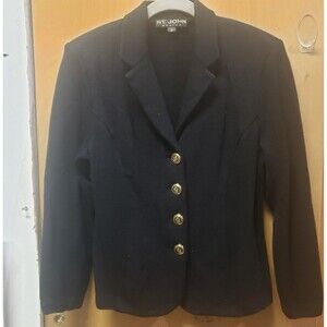 Vintage St. John Black Knit Blazer Shoulder Pads 4 Gold Lion Buttons Sz 6 EEE